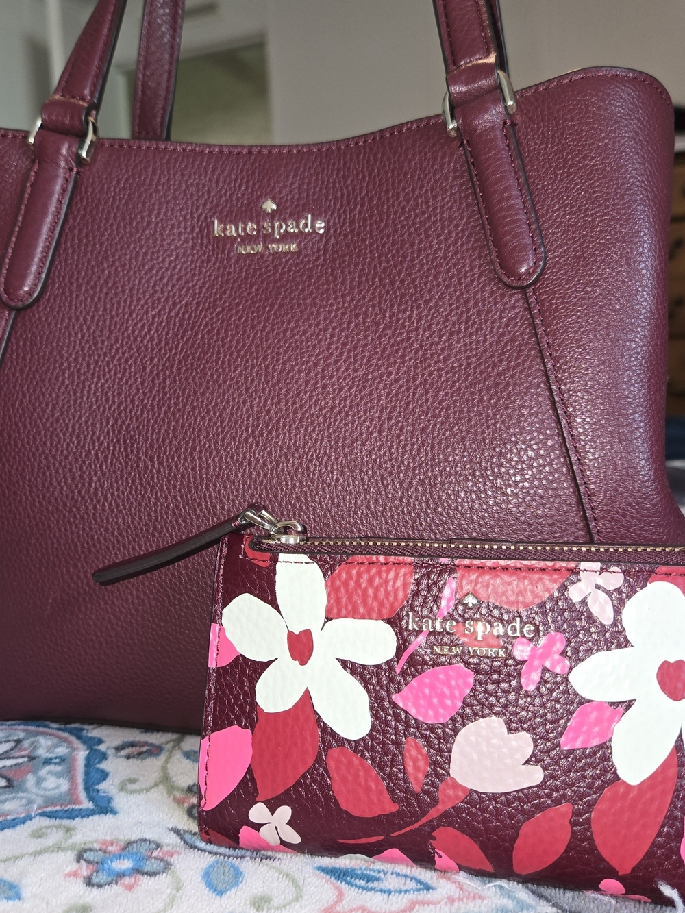 Kate Spade Women's Burgundy Leather Tote with Floral Wristlet